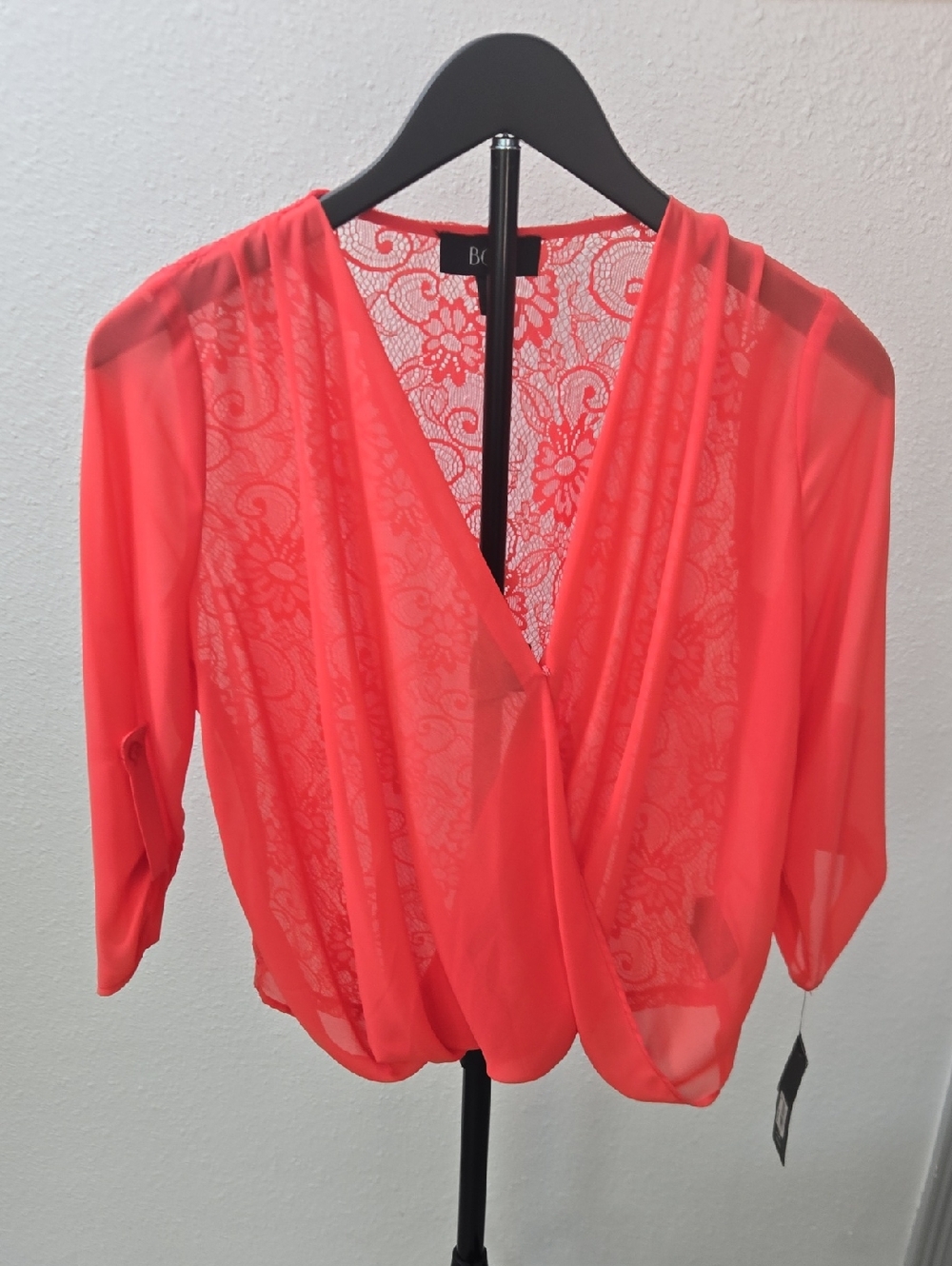BCX Coral Lace-Back Wrap Blouse